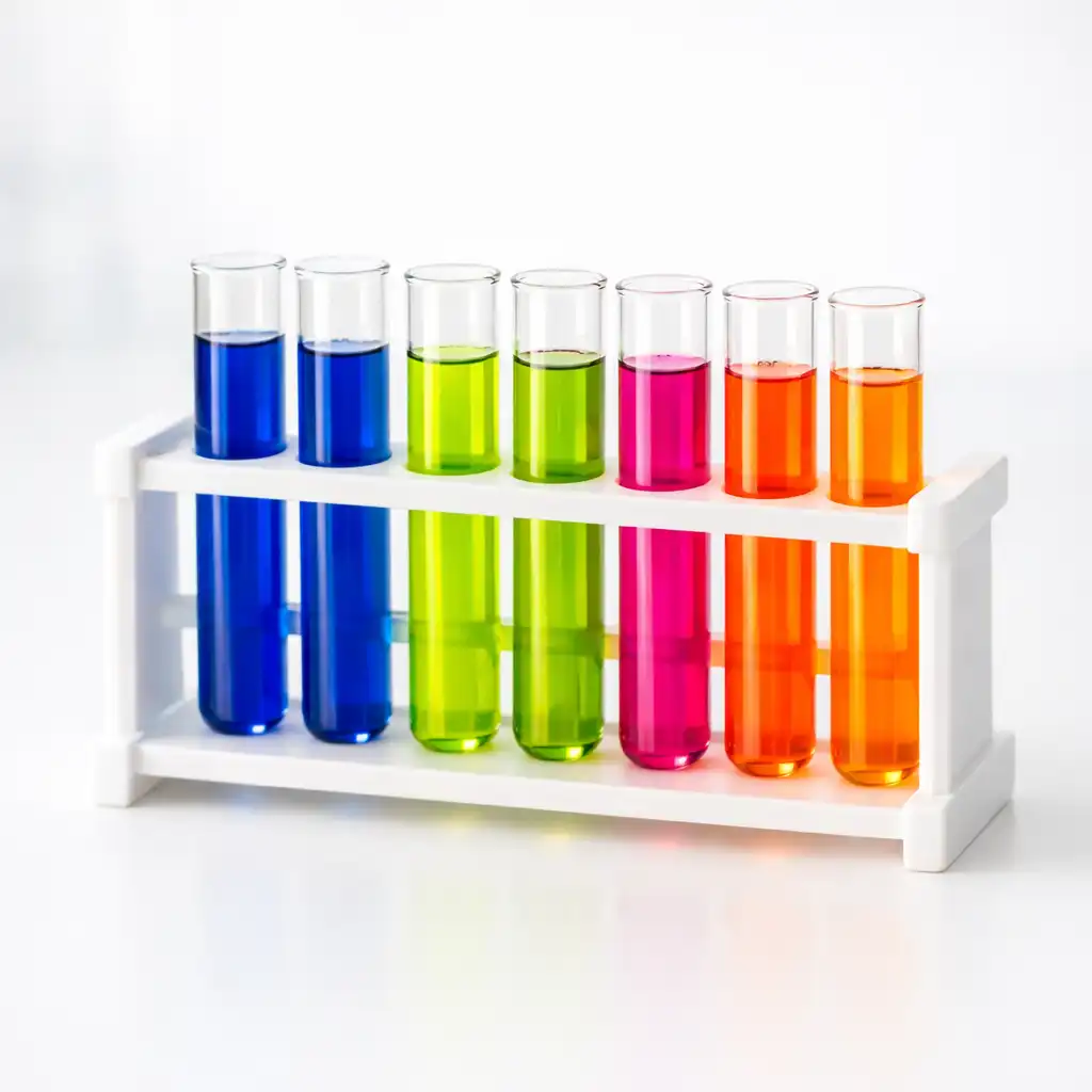Stojak laboratoryjny z kolorowymi probówkami w odcieniach kobaltu, limonki, fuksji i pomarańczu